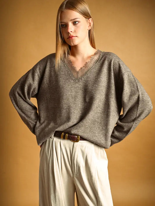 Miou Muse Mocha Lace Knit Top