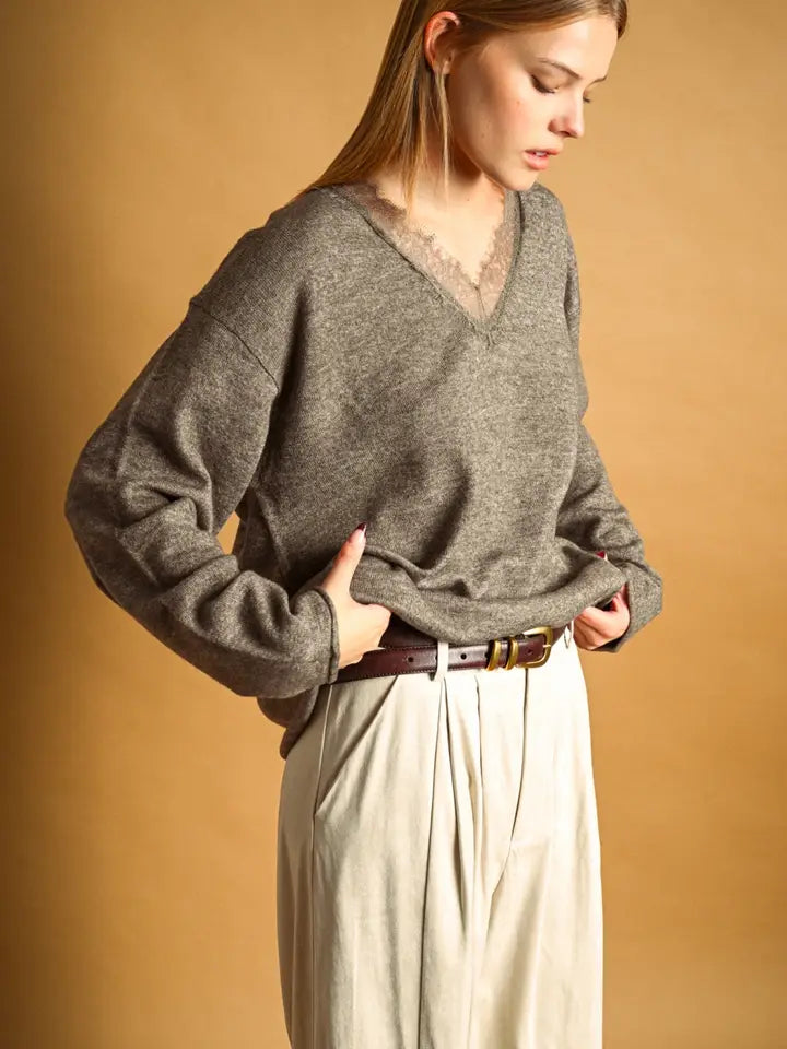 Miou Muse Mocha Lace Knit Top