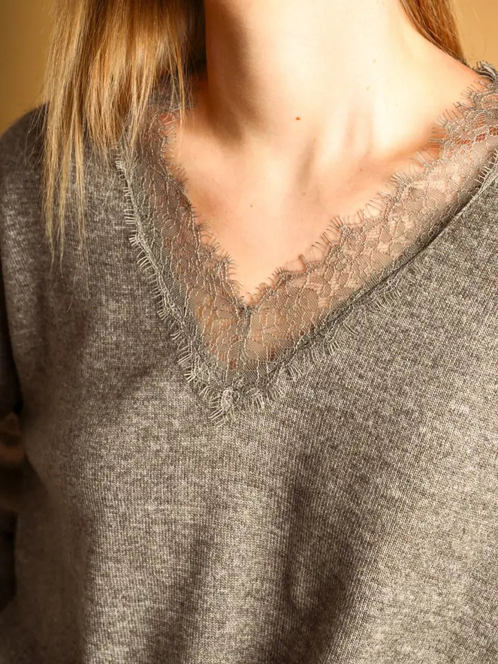Miou Muse Mocha Lace Knit Top
