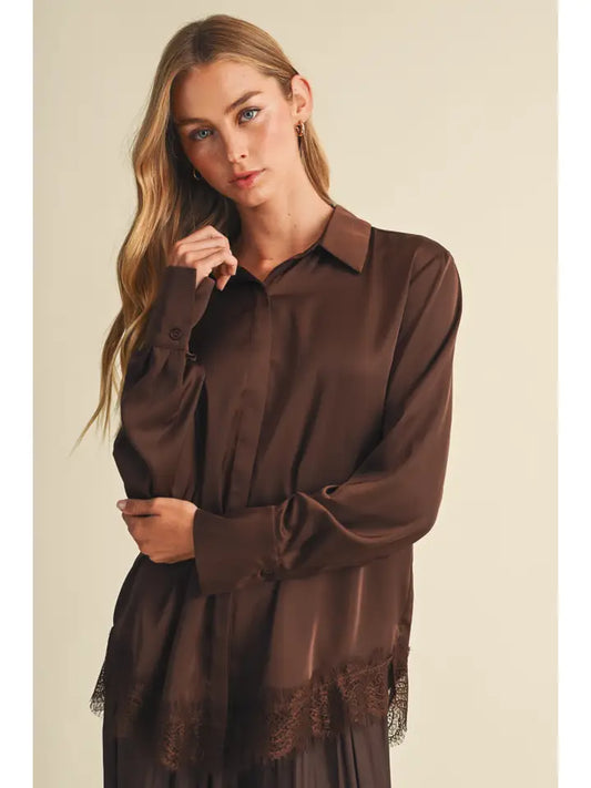 Mustard Seed Brown Scalloped Lace Hem Blouse