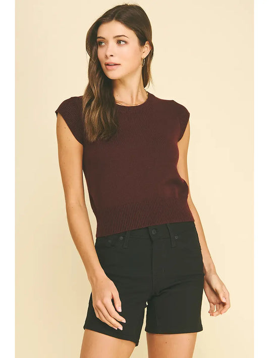 Pinch Cap Sleeve Knit Top Maroon