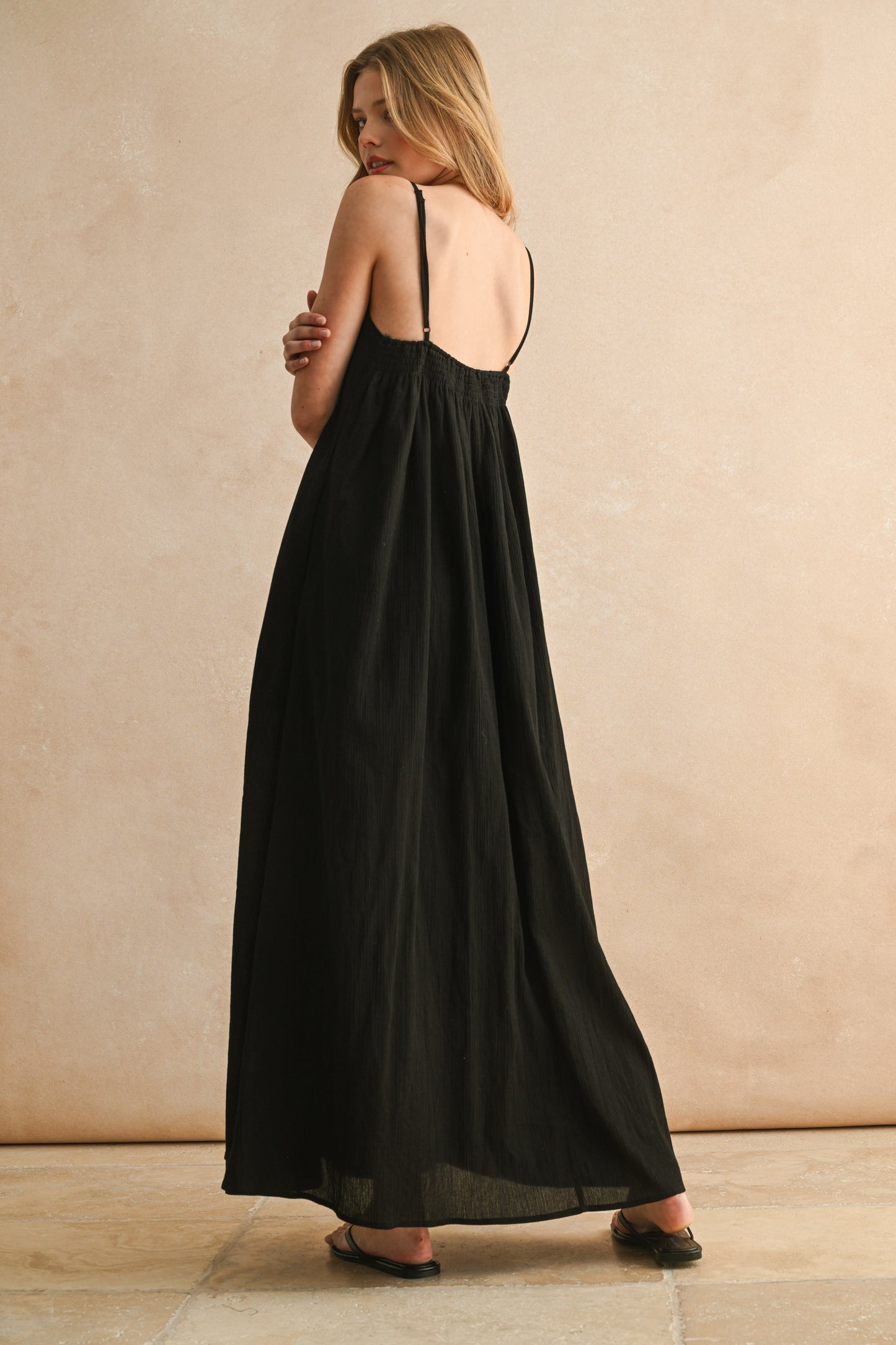 Miou Muse Black Straw Trim Maxi Dress