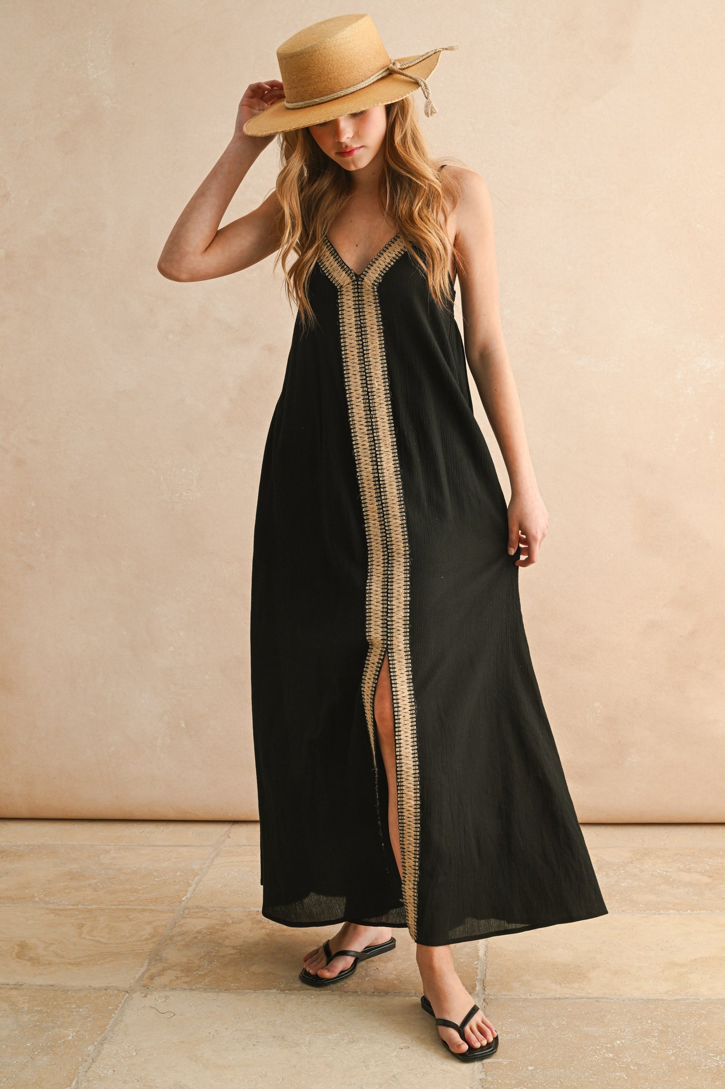 Miou Muse Black Straw Trim Maxi Dress