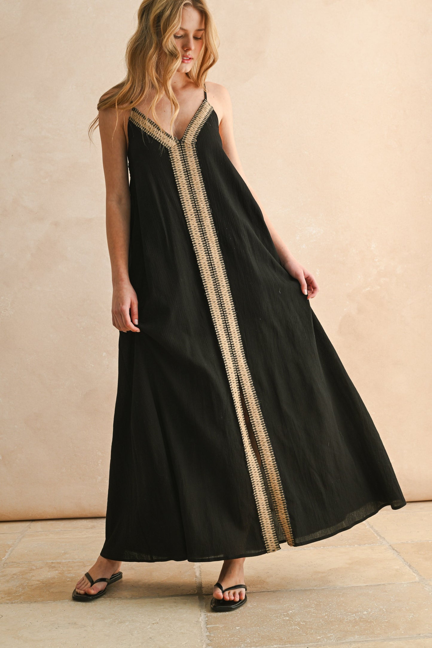 Miou Muse Black Straw Trim Maxi Dress