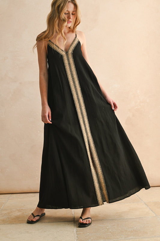 Miou Muse Black Straw Trim Maxi Dress