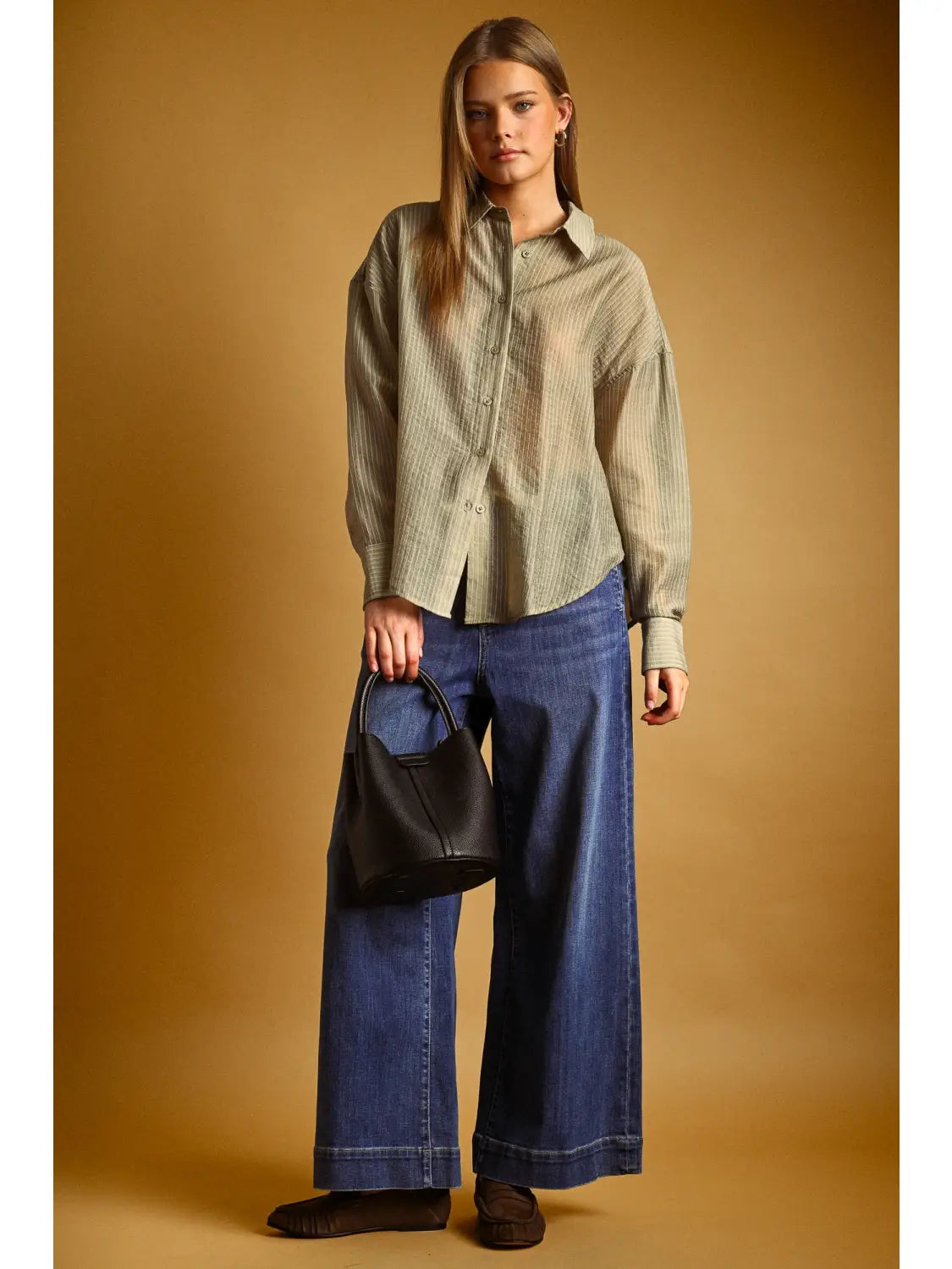 Miou Muse Pin Stripped Sheer Sage Shirt