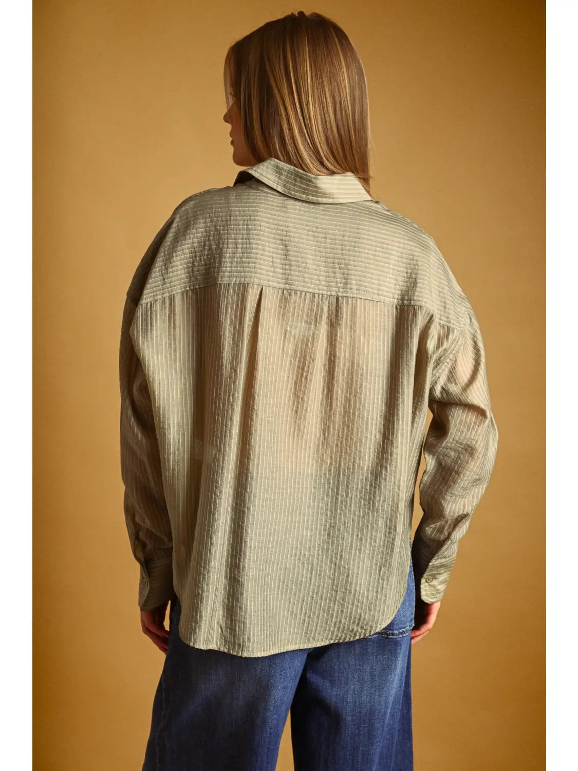 Miou Muse Pin Stripped Sheer Sage Shirt