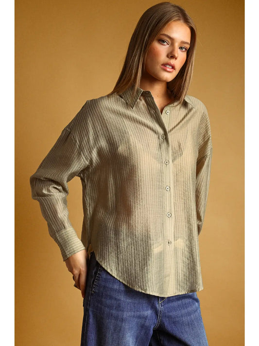 Miou Muse Pin Stripped Sheer Sage Shirt