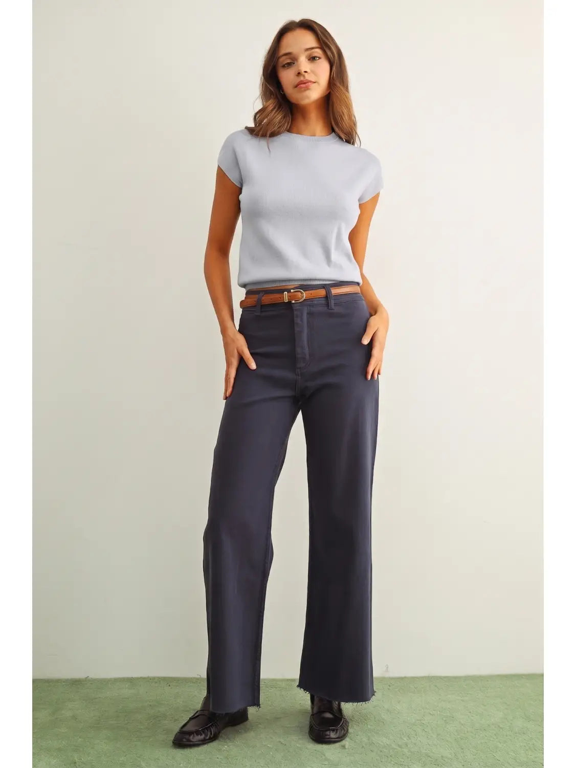 Miou Muse Dusty Blue Round Neck SS Knit Top