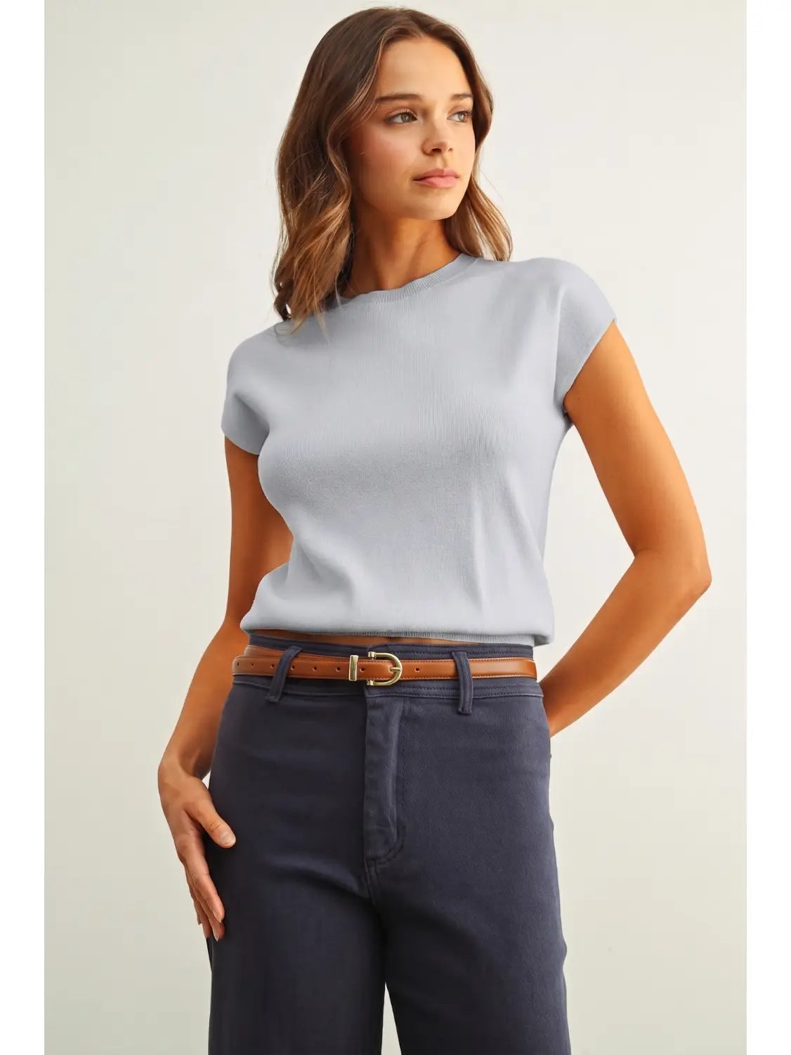 Miou Muse Dusty Blue Round Neck SS Knit Top