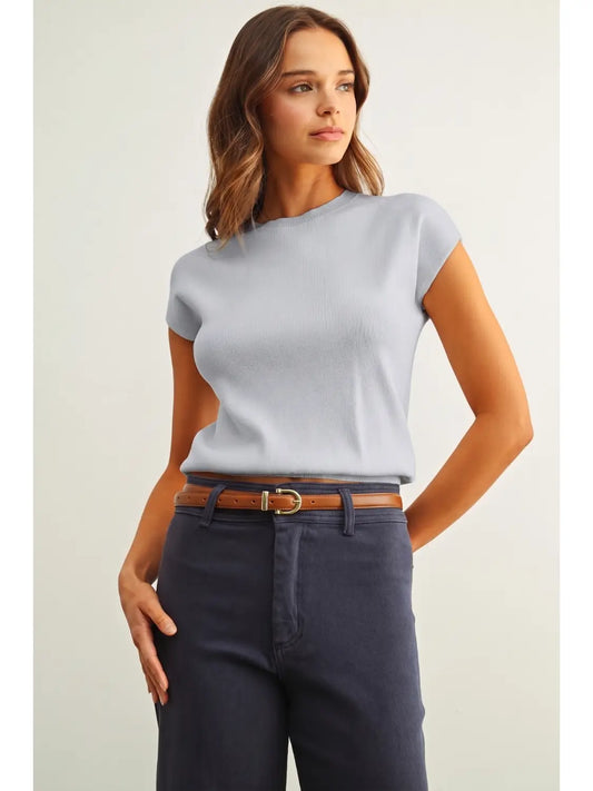 Miou Muse Dusty Blue Round Neck SS Knit Top