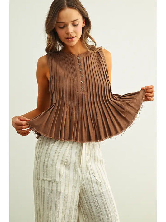 Miou Muse Mocha Pleated Flare Top