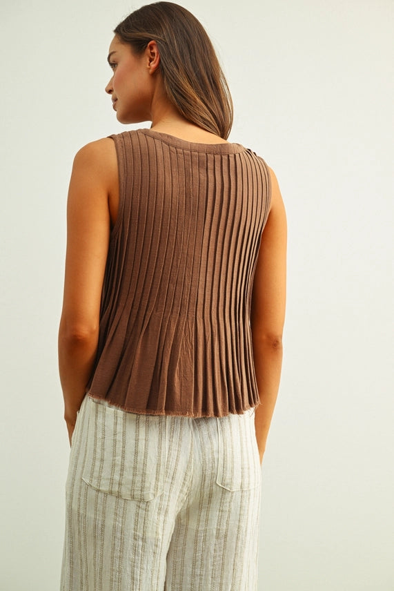 Miou Muse Mocha Pleated Flare Top