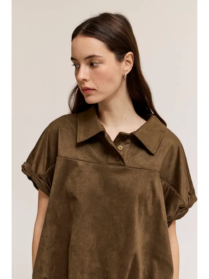 G&G Mocha Suede Bubble Hem Shirt