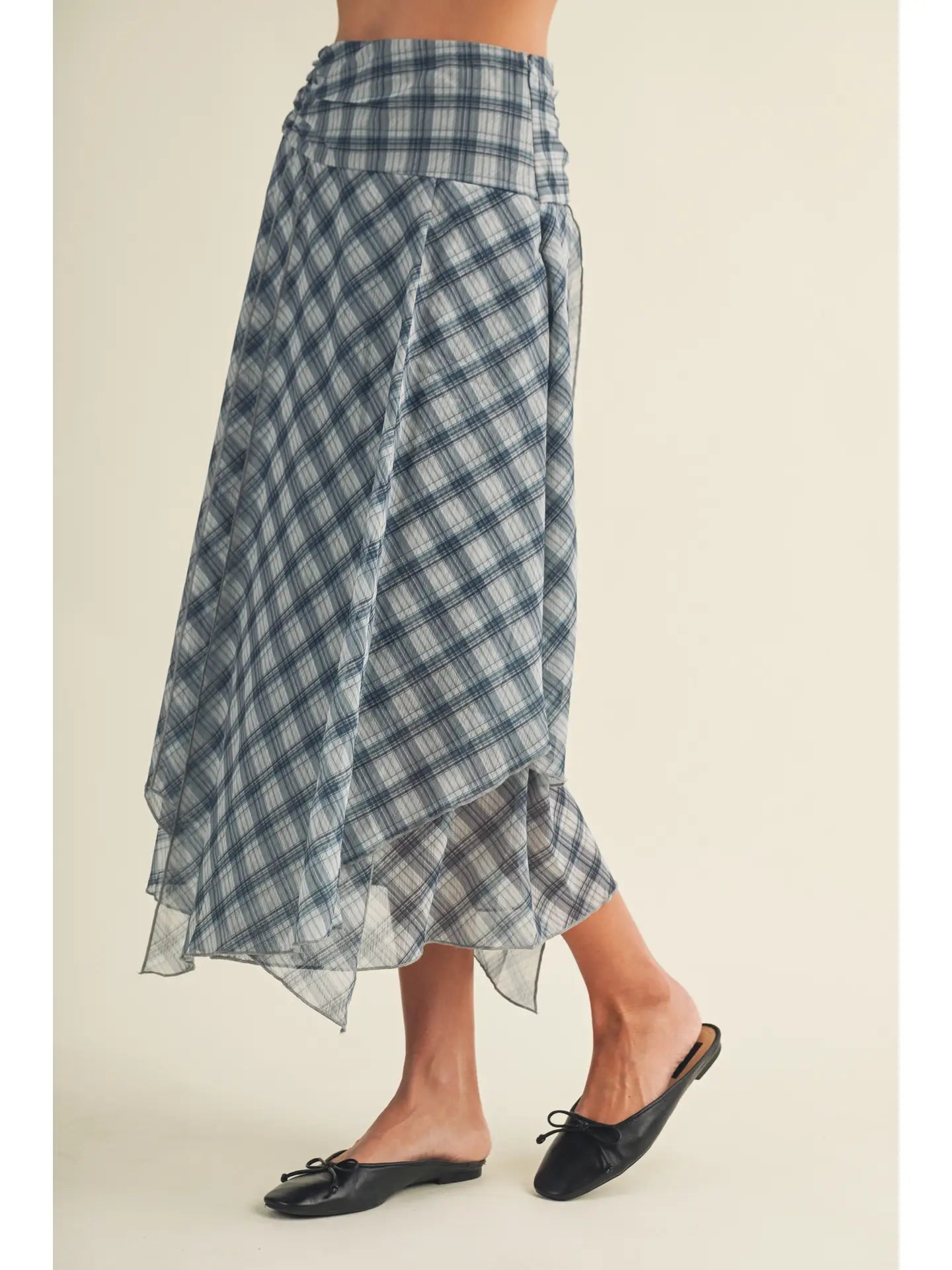 Mustard Seed Unbalanced Plaid Denim Blue MIDI Skirt