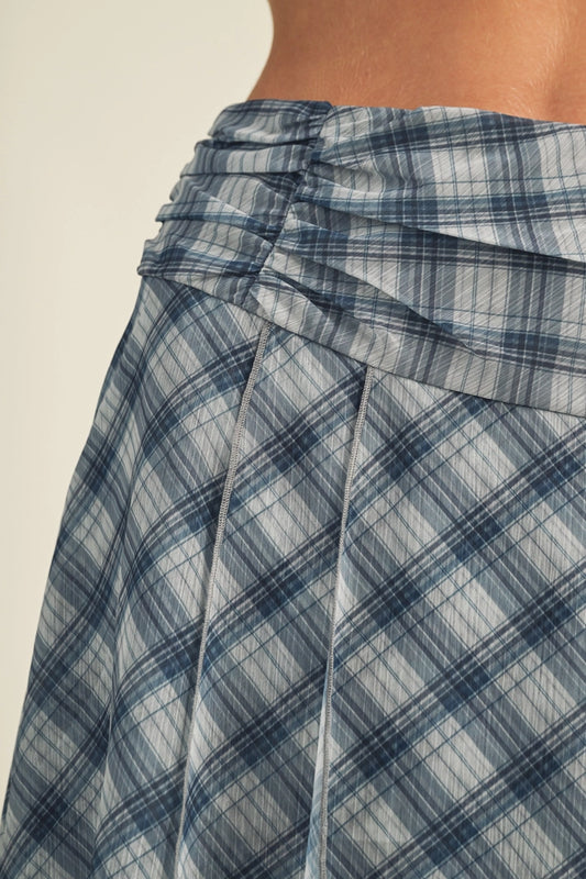 Mustard Seed Unbalanced Plaid Denim Blue MIDI Skirt