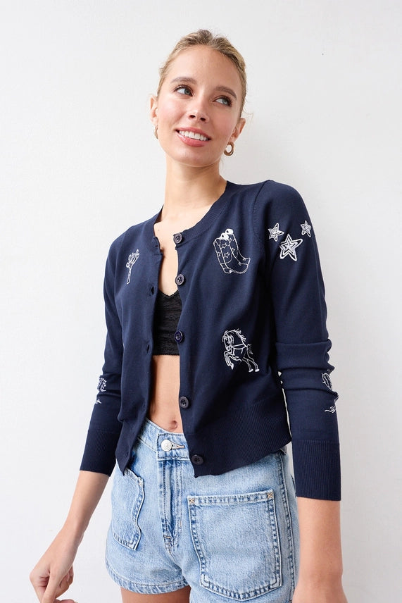 RNL Navy Embroidered Western Cardigan