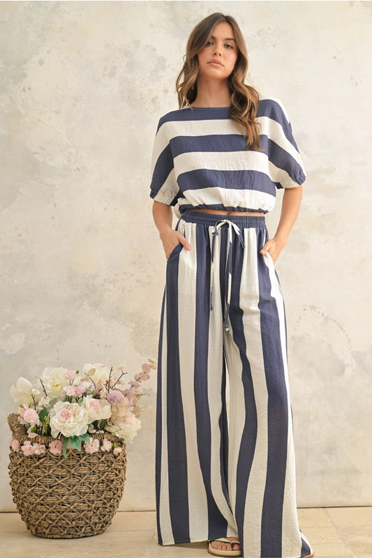 Miou Muse Navy Wide Stripe Trousers