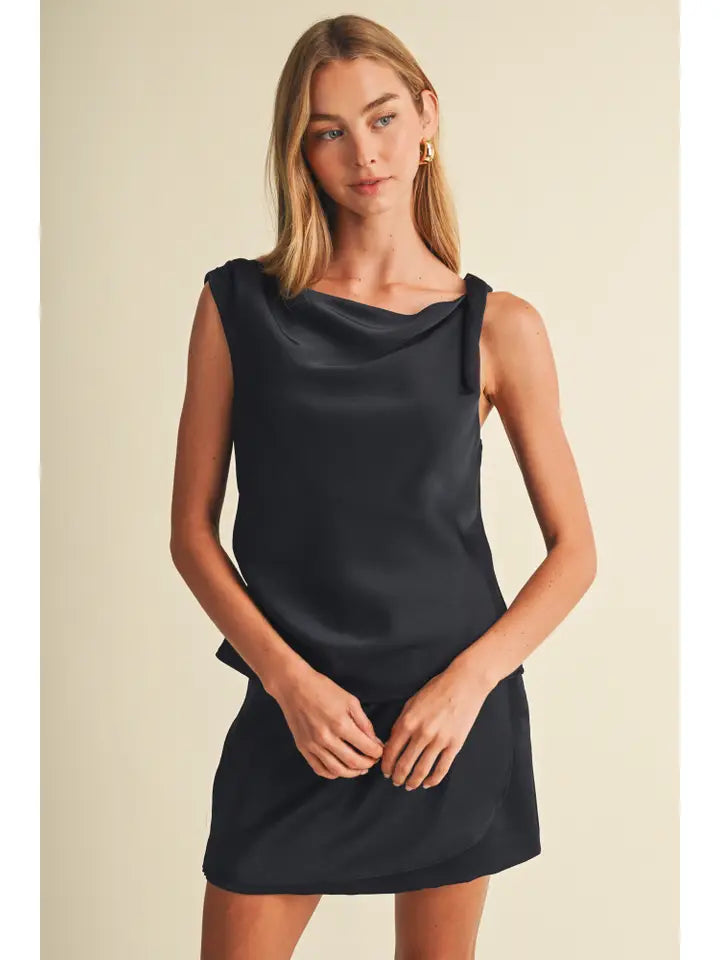 Mustard Seed Navy Cowl Neck Satin Top