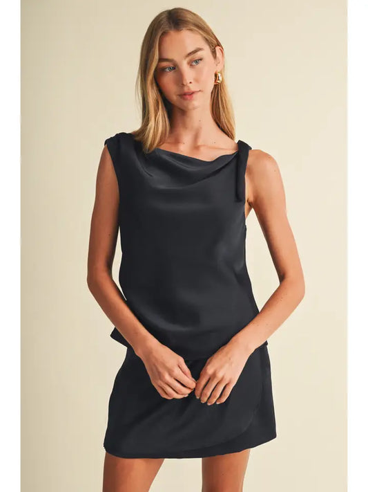 Mustard Seed Navy Cowl Neck Satin Top