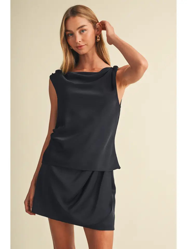 Mustard Seed Navy Cowl Neck Satin Top