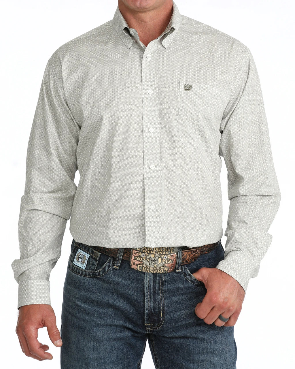 Cinch Mens Olive Geo Print LS Shirt