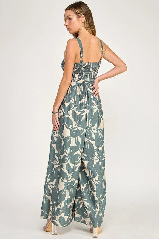 BD Olive Tropical Leaf Jumpsuit