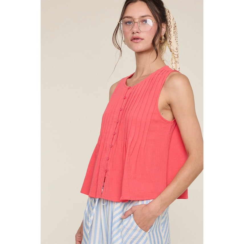 Wishlist Papaya Pleated Button Down Top - Petticoat Junction