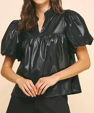 Pinch Faux Leather Puff Sleeve Top Black