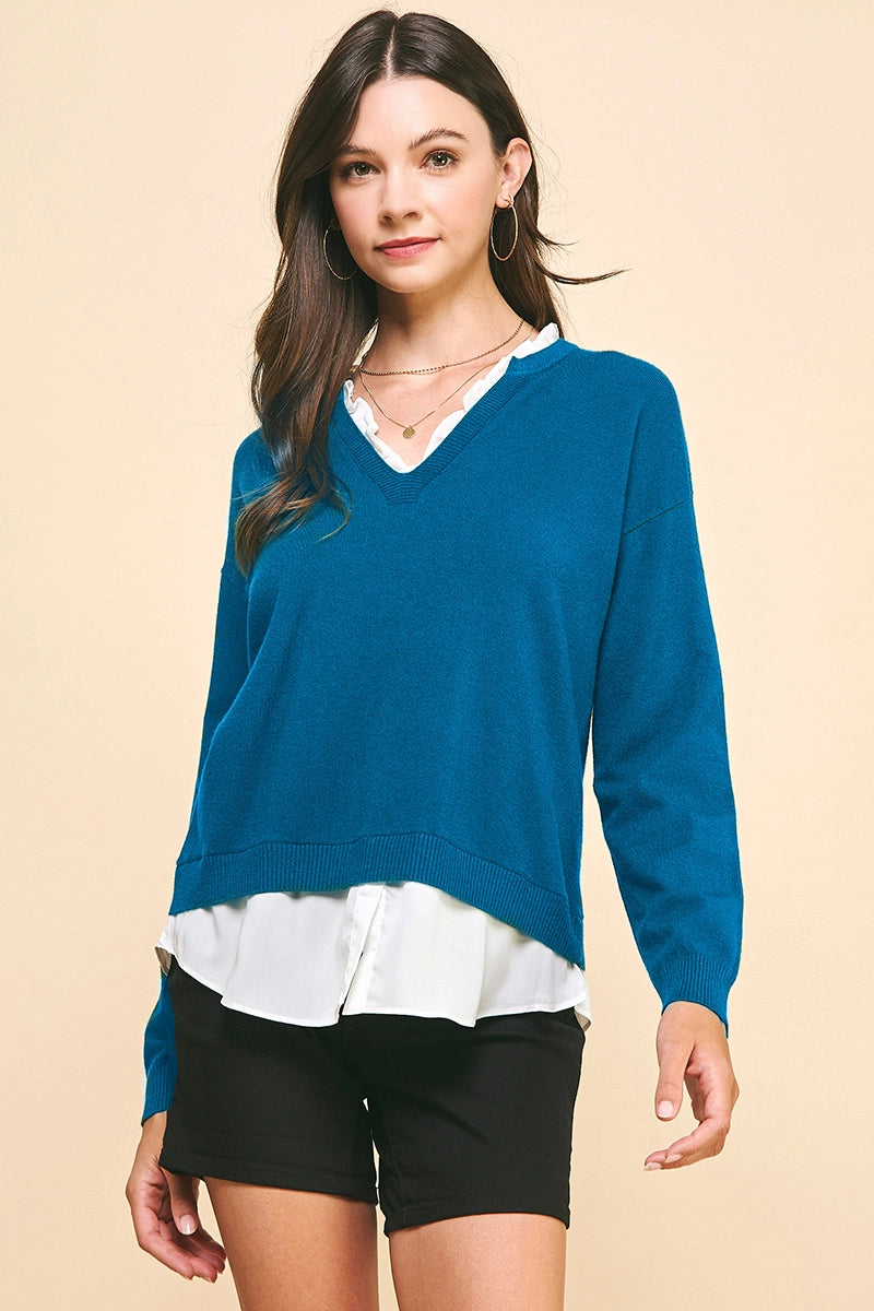 Pinch V-Neck Teal Knit Combo Top