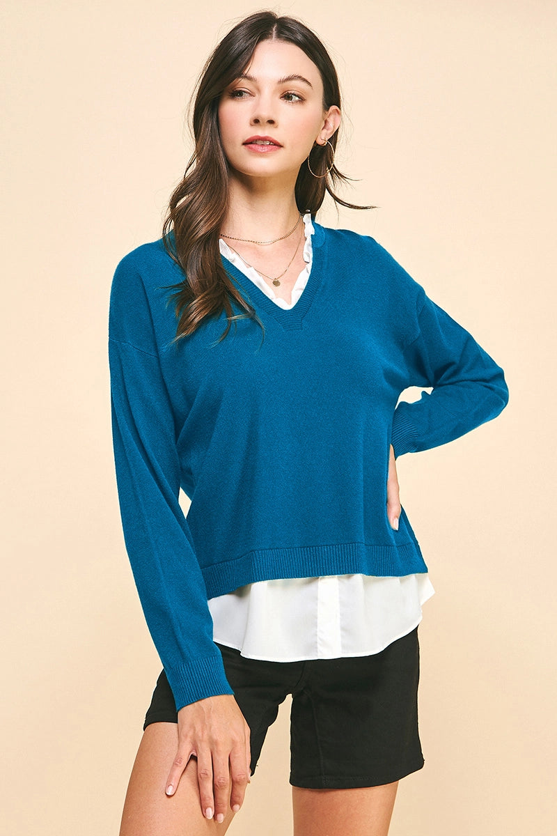 Pinch V-Neck Teal Knit Combo Top
