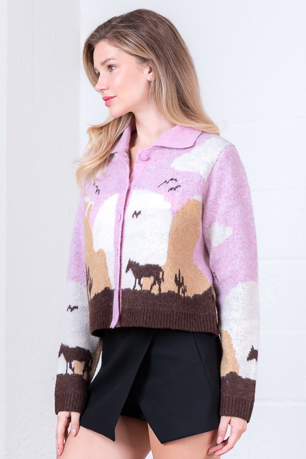 Taelynn Knit Horse Cardigan Pink/Taupe