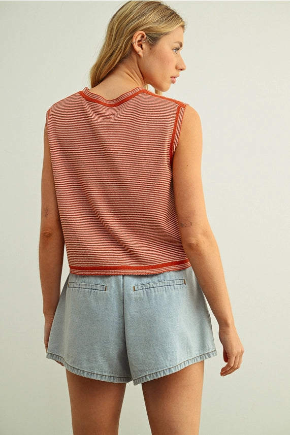 Miou Muse Rust Pinstriped Sleeveless Knit Top