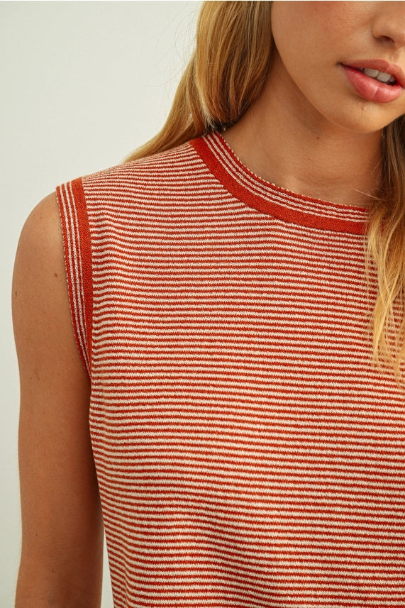 Miou Muse Rust Pinstriped Sleeveless Knit Top