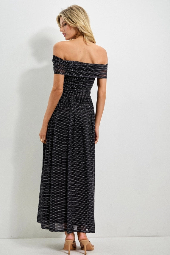 BEV Polka Dot Mesh Smocked Dress