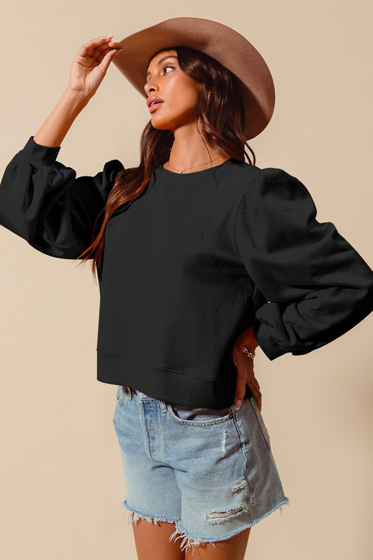 SM Terry Knit Puff Sleeve Top Black