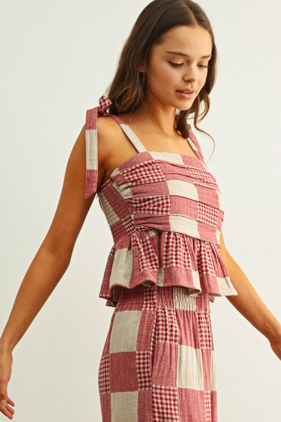 Miou Muse Red Gingham Stripe Top