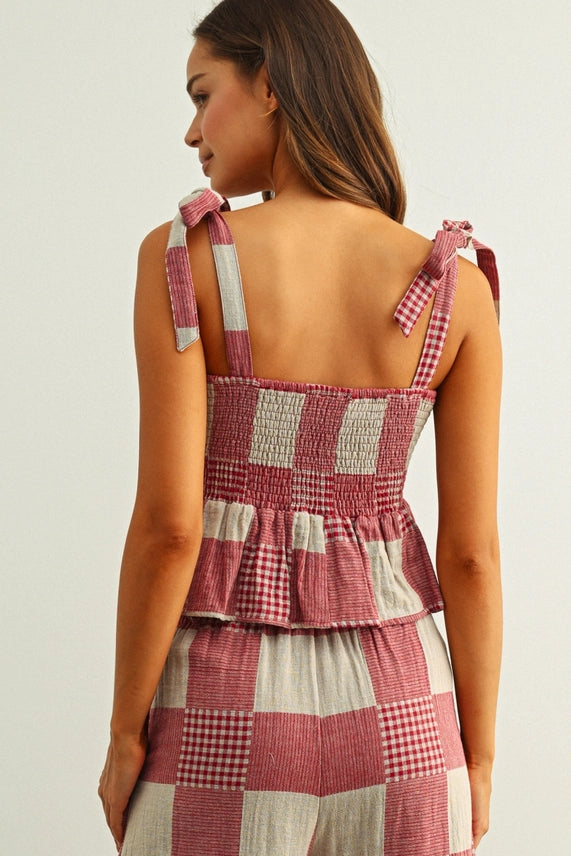 Miou Muse Red Gingham Stripe Top