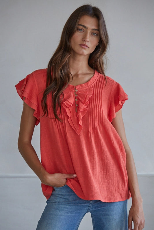 BT Linen Button V-Neck Ruffle Top