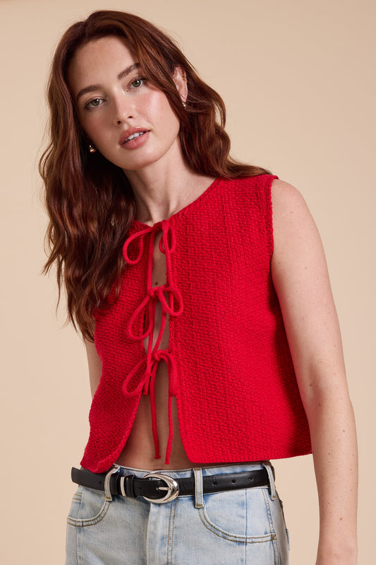 Miou Muse Red Knitted Front Tie Cardigan/Vest
