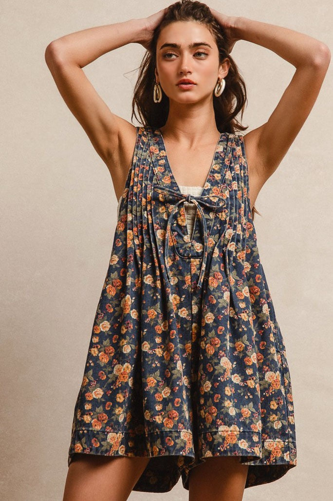 BiBi Denim Washed Floral Romper