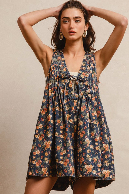 BiBi Denim Washed Floral Romper