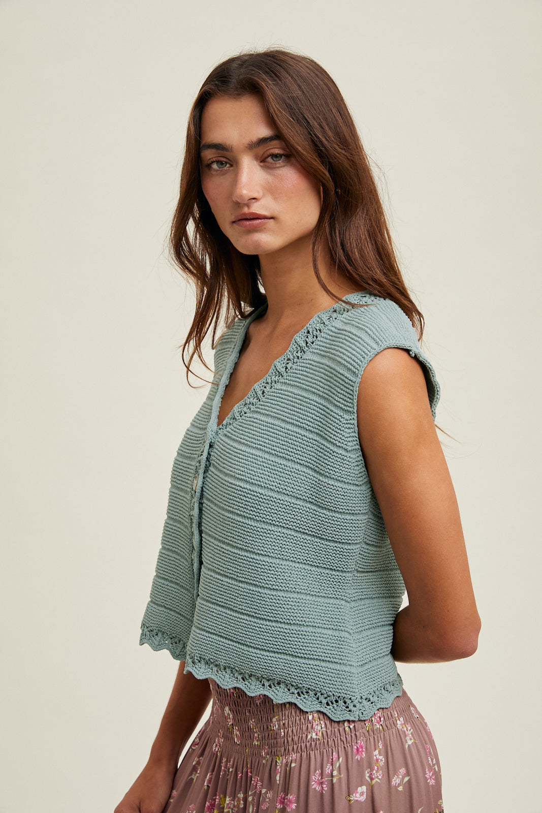 Wishlist Sage Scalloped Button Up Sweater