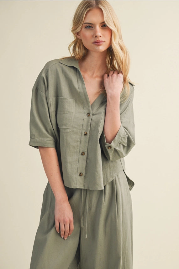 Mustard Seed Sage Linen Buttin Down Top - Petticoat Junction
