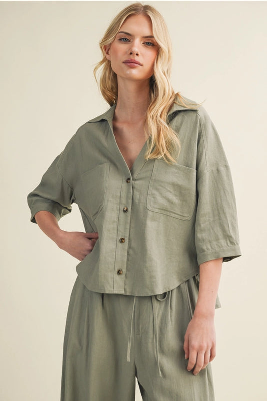 Mustard Seed Sage Linen Buttin Down Top