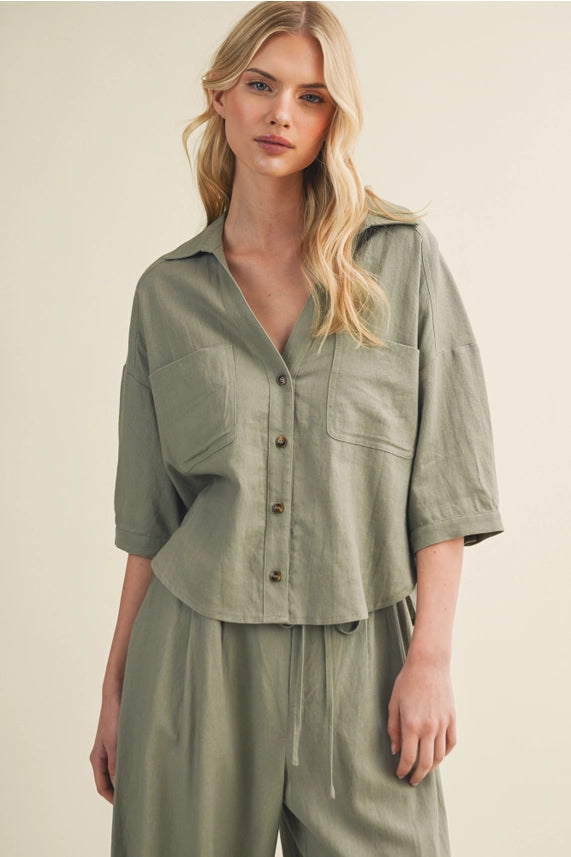 Mustard Seed Sage Linen Buttin Down Top - Petticoat Junction