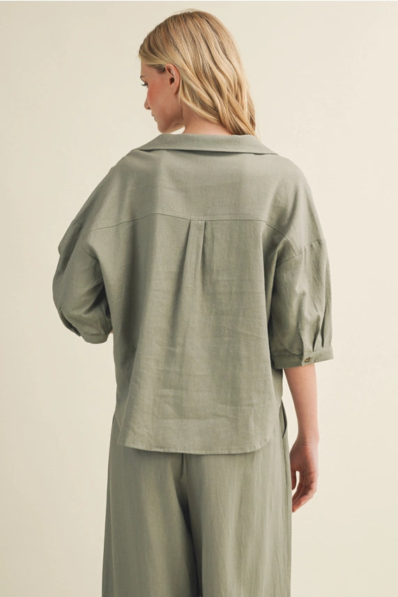 Mustard Seed Sage Linen Buttin Down Top - Petticoat Junction
