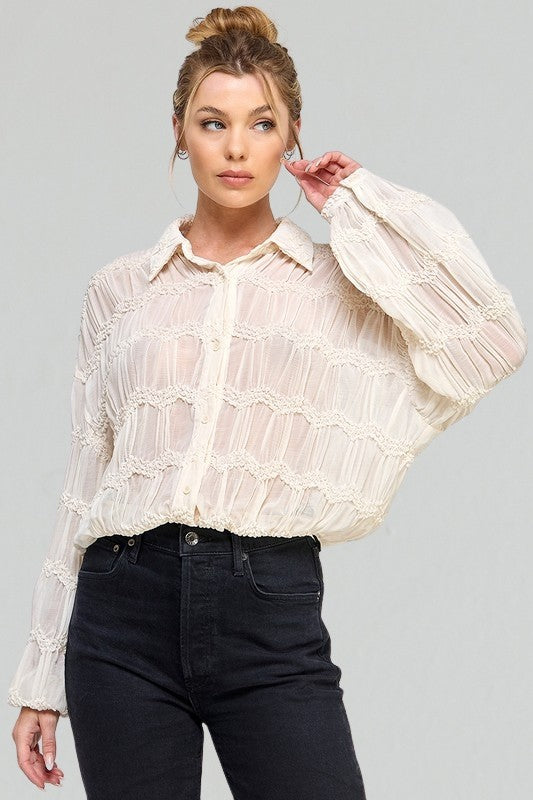 AR Butter Cream Sheer Chevron Textured Top