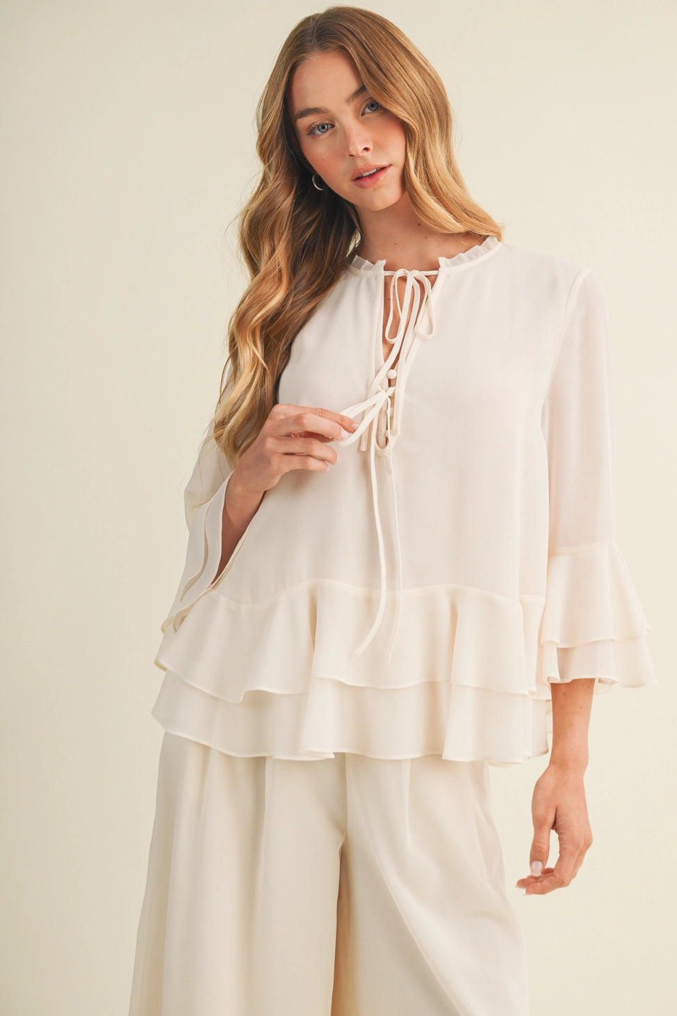 Lace-Up Ruffle Tiered Peplum Blouse