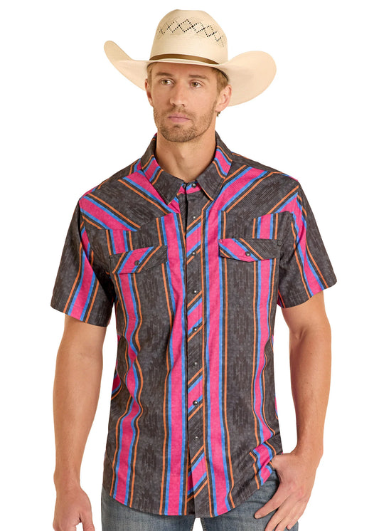 Men's R&R Tek Western Magenta Stripe SS Shirt